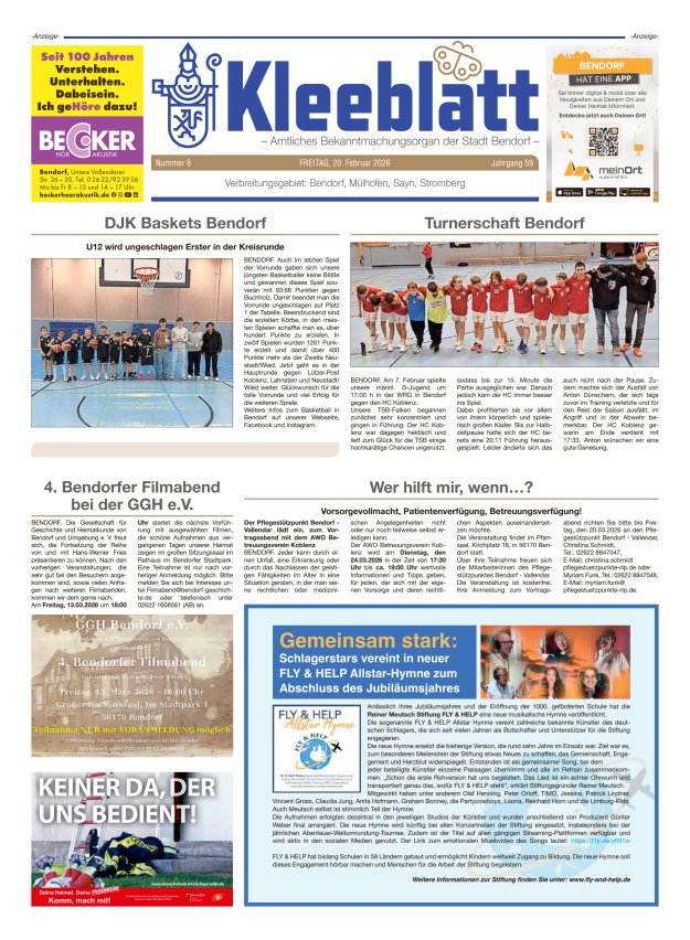 Kleeblatt - Amtliches Bekanntmachungsorgan der Stadt Bendorf Titelblatt 08/2026