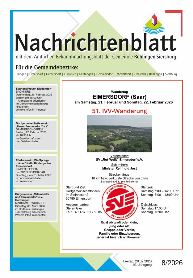 Nachrichtenblatt Rehlingen-Siersburg Titelblatt 08/2026