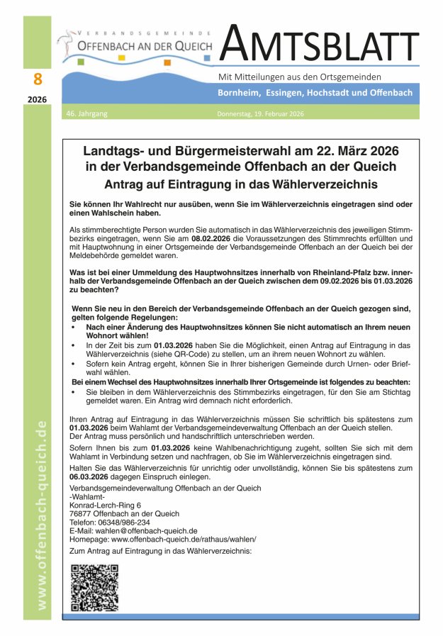 Amtsblatt VG Offenbach an der Queich Titelblatt 08/2026