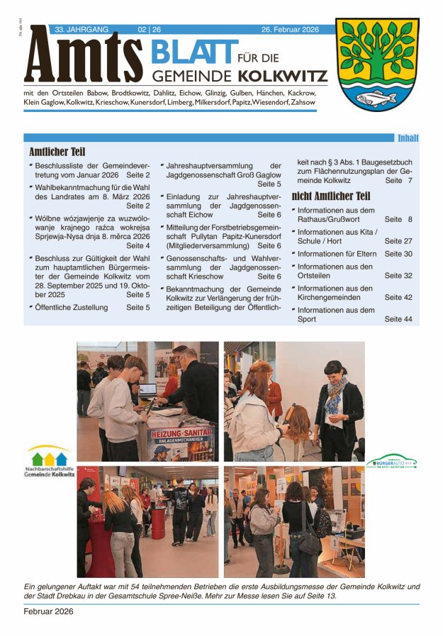 Amtsblatt für die Gemeinde Kolkwitz  Titelblatt 02/2026