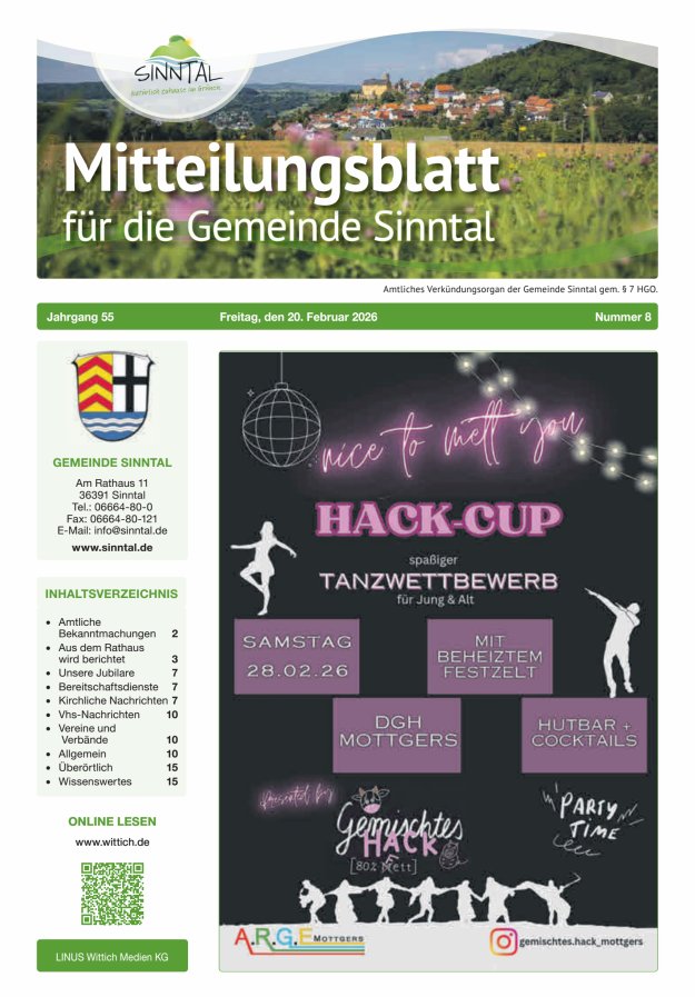 Mitteilungsblatt für die Gemeinde Sinntal Titelblatt 08/2026