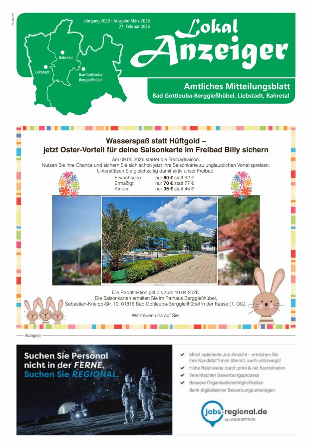 Lokal-Anzeiger - Amtliches Mitteilungsblatt Bad Gottleuba-Berggießhübel, Liebstadt, Bahretal Titelblatt 02/2026