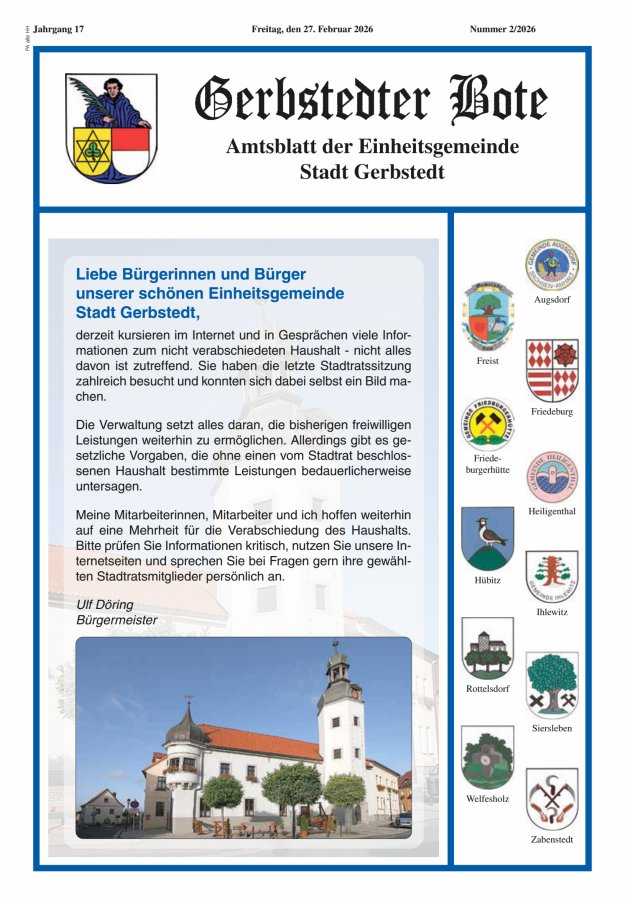 Gerbstedter Bote – Amtsblatt der Einheitsgemeinde Stadt Gerbstedt Titelblatt 02/2026