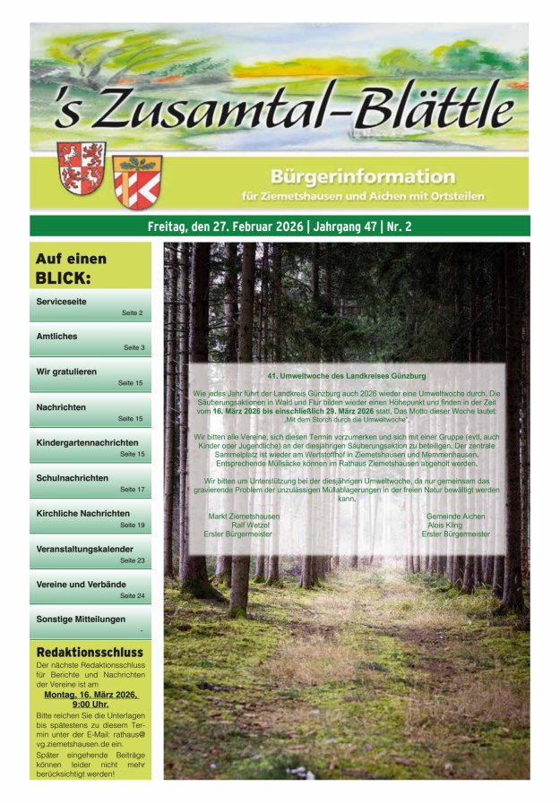 's Zusamtal-Blättle Bürgerinformationen für Ziemetshausen und Aichen mit OTen Titelblatt 02/2026