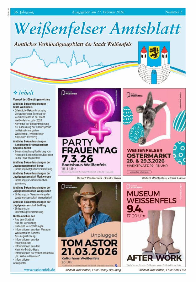 Weißenfelser Amtsblatt – Amtliches Verkündungsblatt der Stadt Weißenfels Titelblatt 02/2026