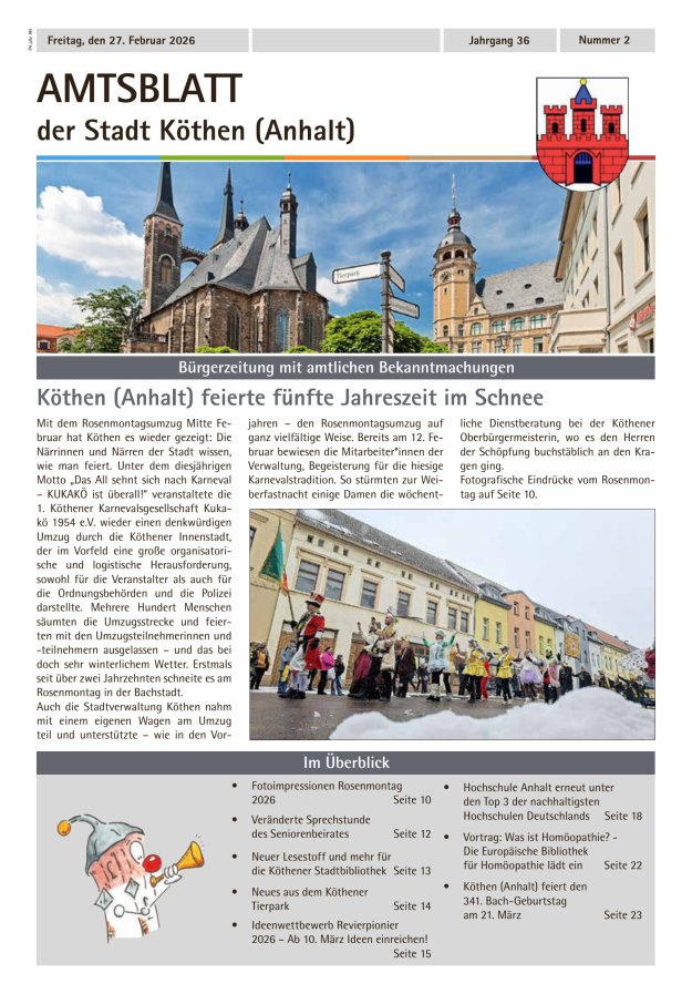 Amtsblatt der Stadt Köthen (Anhalt) – Bürgerzeitung mit amtlichen Bekanntmachungen Titelblatt 02/2026