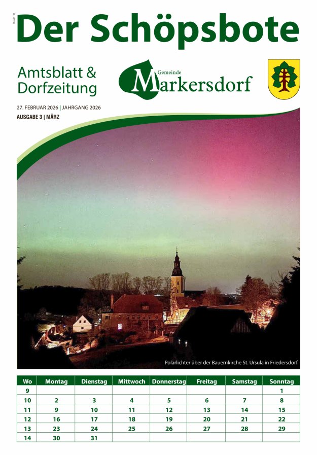 Amtsblatt und Dorfzeitung der Gemeinde Markersdorf Titelblatt 03/2026