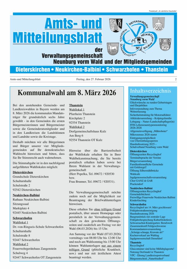 Amts- u Mitteilungsblatt der VG Neunburg vorm Wald u d Mitgliedsgemeinden Titelblatt 02/2026