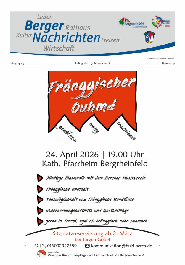 Berger Nachrichten, Bergrheinfeld Titelblatt 09/2026
