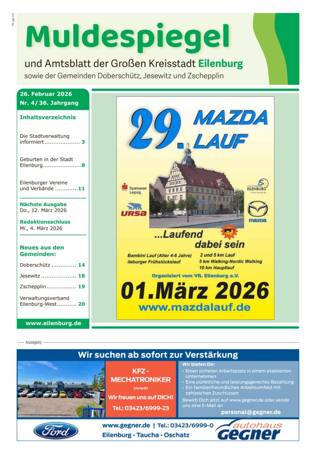 Muldespiegel und Amtsblatt der Großen Kreisstadt Eilenburg und der Gemeinden Titelblatt 04/2026