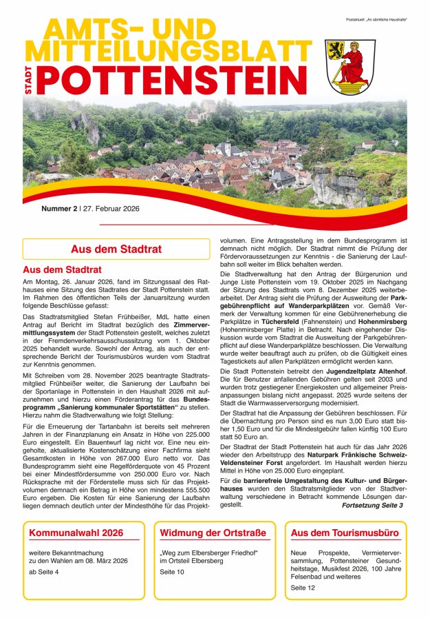 Amts- und Mitteilungsblatt der Stadt Pottenstein Titelblatt 02/2026