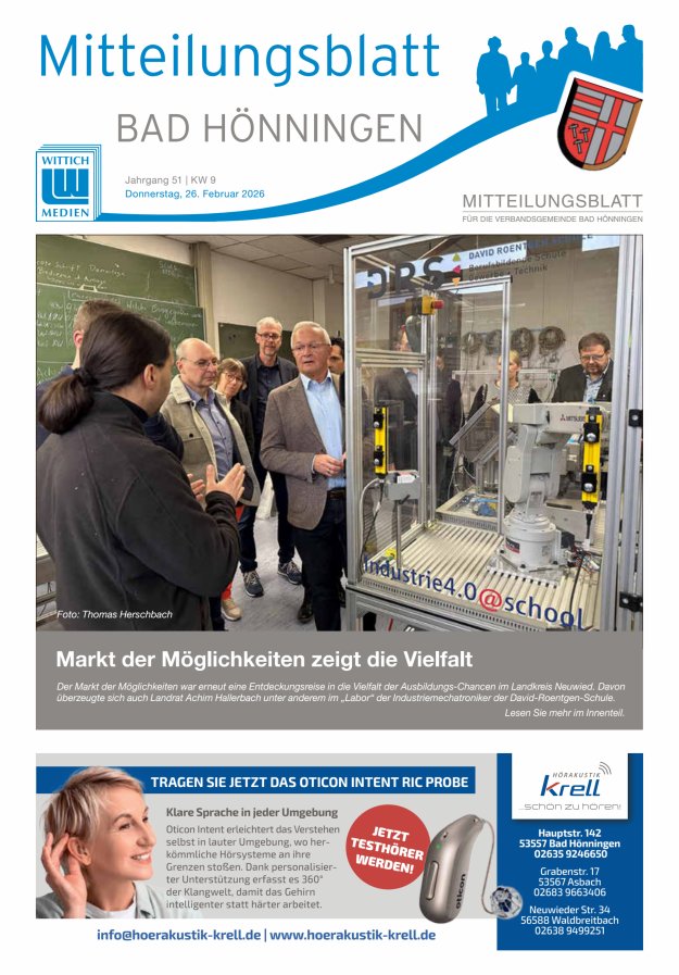 Mitteilungsblatt für den Bereich der Verbandsgemeinde Bad Hönningen Titelblatt 09/2026