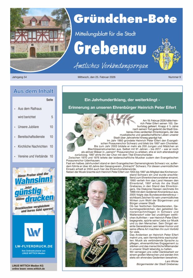Grebenau - Gründchen Bote - Mitteilungsblatt für die Stadt Grebenau Titelblatt 09/2026
