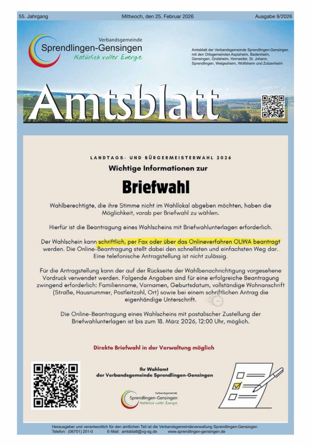 Amtsblatt VG Sprendlingen-Gensingen Titelblatt 09/2026