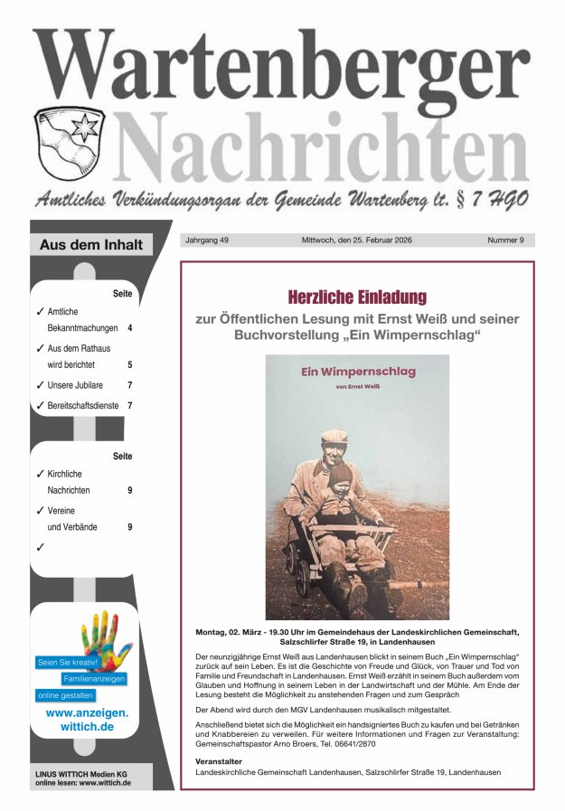 Wartenberger Nachrichten Titelblatt 09/2026