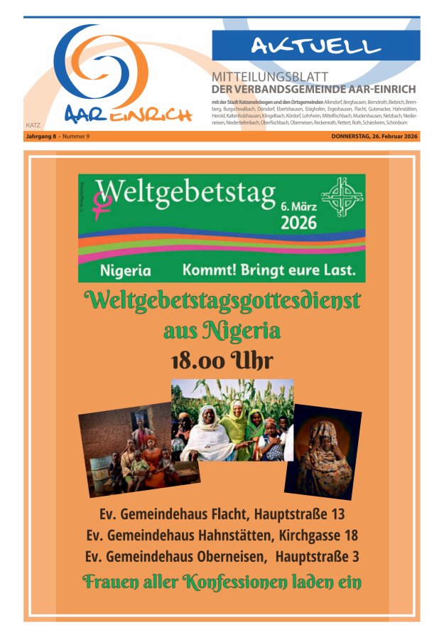 Mitteilungsblatt der Verbandsgemeinde Aar-Einrich Ausgabe Katzenelnbogen Titelblatt 08/2026