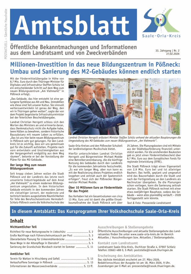 Amtsblatt des Saale-Orla-Kreises Titelblatt 02/2026