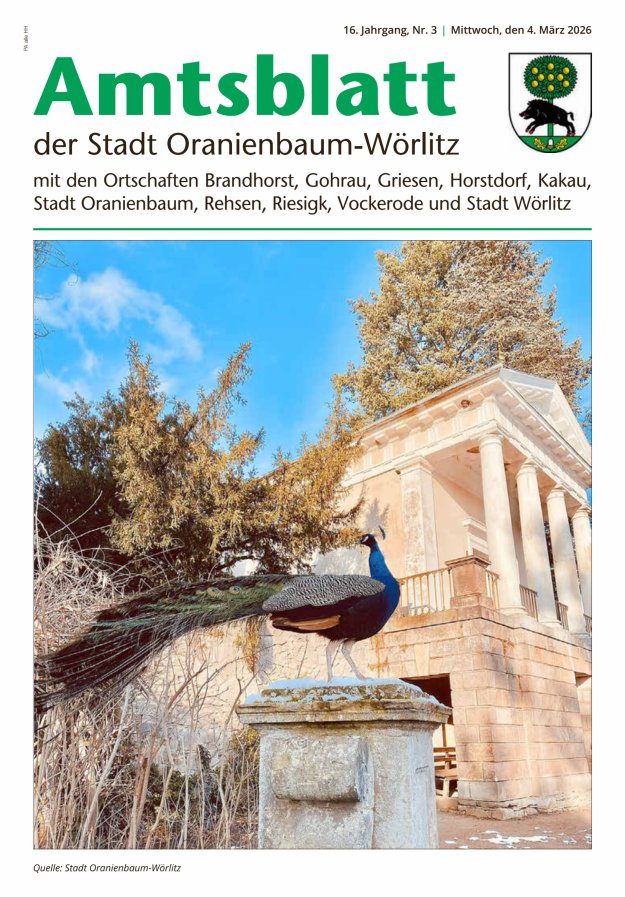 Amtsblatt der Stadt Oranienbaum-Wörlitz mit den Ortschaften Titelblatt 03/2026