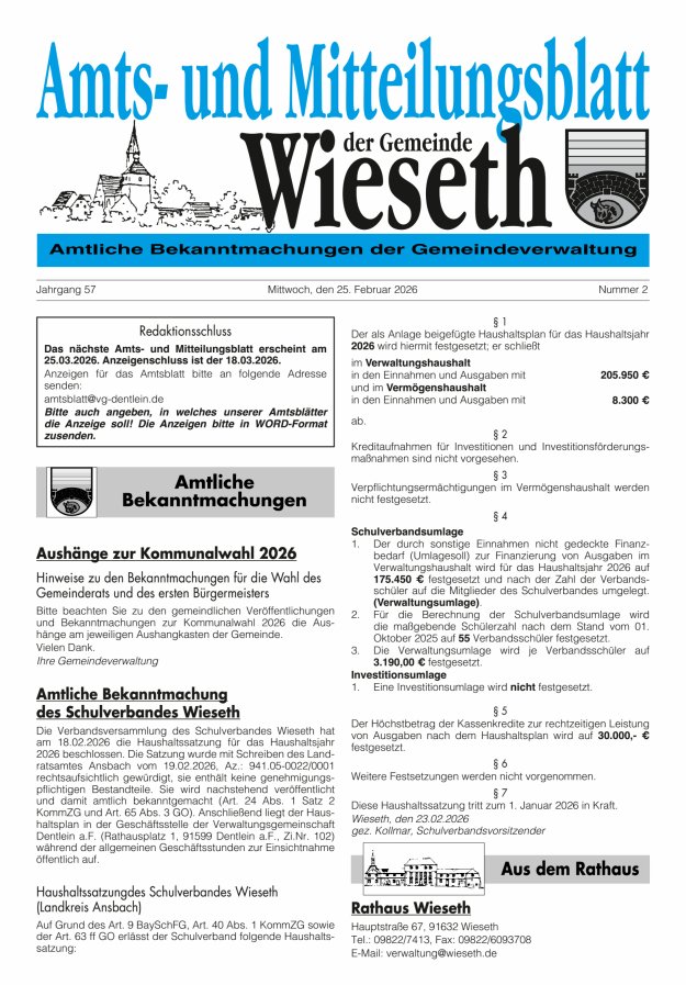 Amts- und Mitteilungsblatt der Gemeinde Wieseth Titelblatt 02/2026