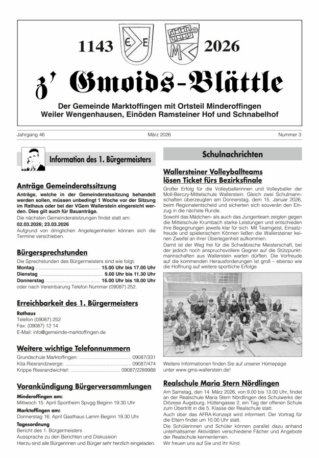 z'Gmoids-Blättle der Gemeinde Marktoffingen mit Ortsteilen Titelblatt 03/2026