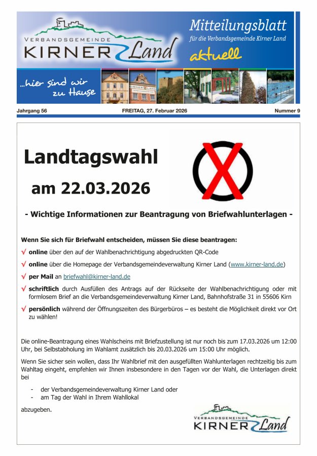 Mitteilungsblatt für den Bereich der Verbandsgemeinde Kirner Land Titelblatt 09/2026