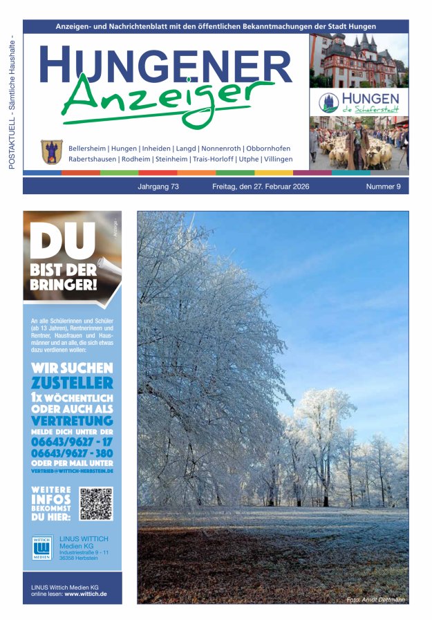 Anzeigen- und Nachrichtenblatt mit den öff  Bekanntmachungen der Stadt Hungen Titelblatt 09/2026