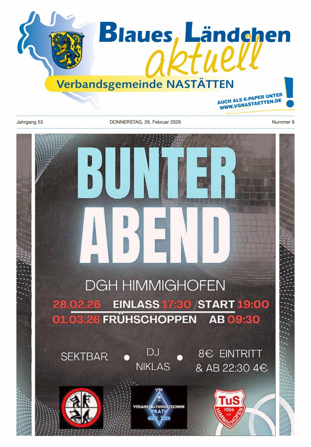 Blaues Ländchen aktuell - Heimat- u Bürgerzeitung VG Nastätten Titelblatt 09/2026