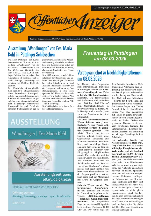 Öffentlicher Anzeiger - Stadt Püttlingen Titelblatt 09/2026