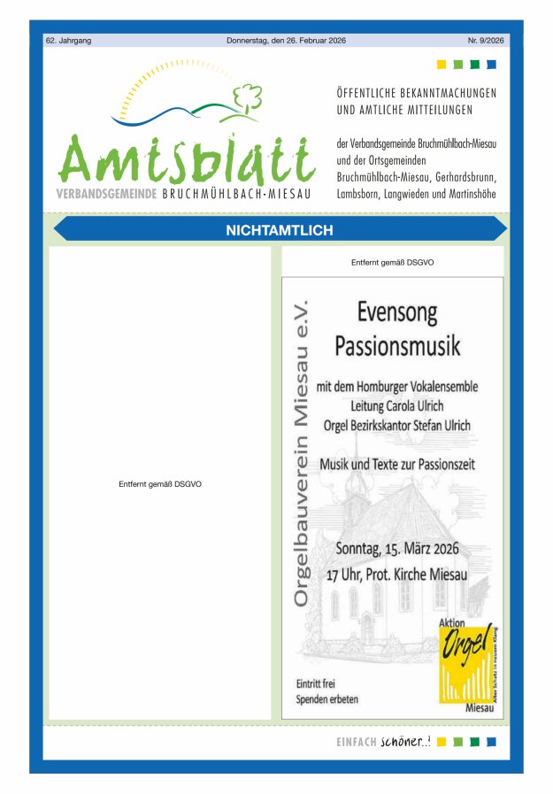 Amtsblatt der VG Bruchmühlbach-Miesau Titelblatt 09/2026
