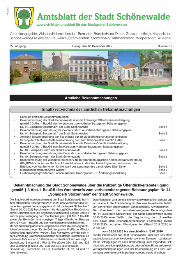Amtsblatt der Stadt Schönewalde - Mitteilungsblatt für das Stadtgebiet Titelblatt 12/2025