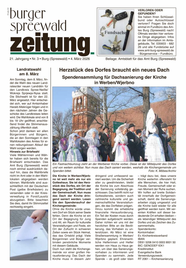 Burger Spreewald Zeitung - Amtsblatt für das Amt Burg (Spreewald) Titelblatt 03/2026
