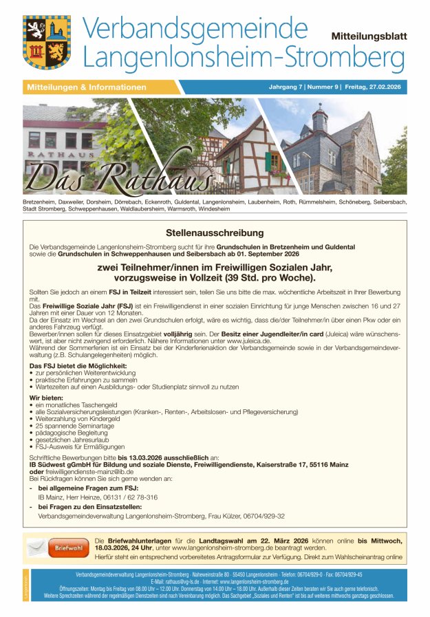 Das Rathaus - MTB d VG Langenlonsheim-Stromberg Titelblatt 09/2026