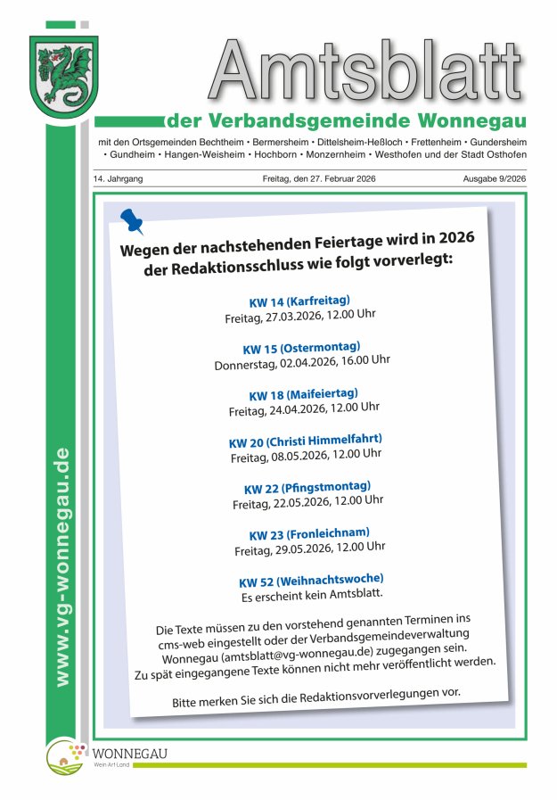 Amtsblatt VG Wonnegau Titelblatt 09/2026