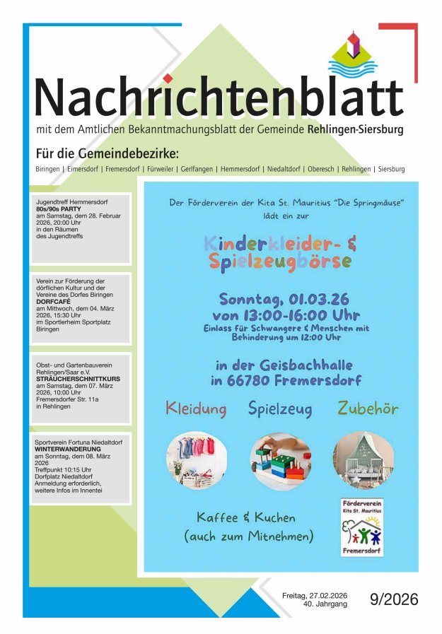 Nachrichtenblatt Rehlingen-Siersburg Titelblatt 09/2026