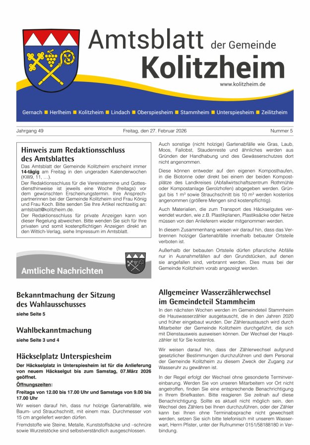 Amtsblatt der Gemeinde Kolitzheim Titelblatt 05/2026
