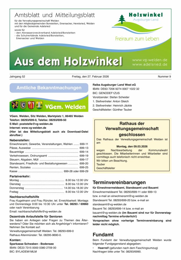 Aus dem Holzwinkel Amtsblatt u Mitteilungsblatt f VG Welden u GemAdelsried Titelblatt 09/2026