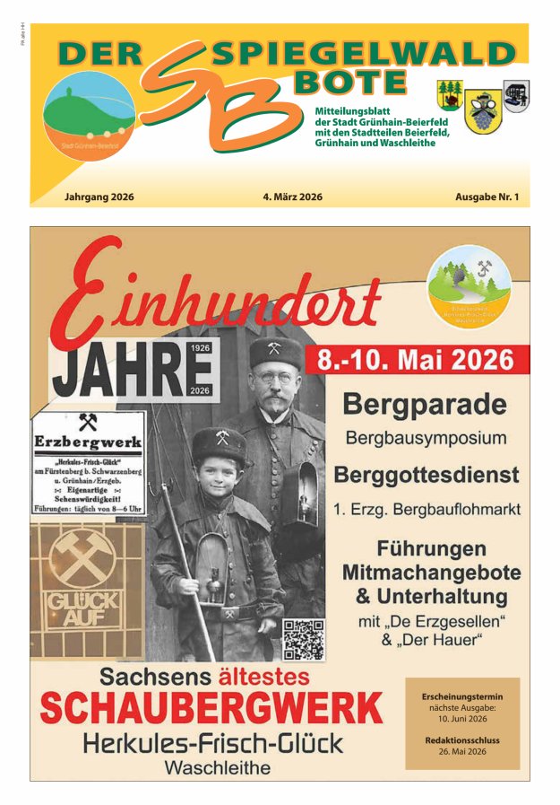 Der Spiegelwaldbote - Amts- und Mitteilungsblatt der Gemeinde Grünhain-Beierfeld  Titelblatt 01/2026