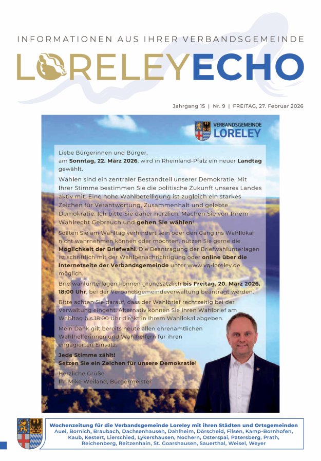 Loreley-Echo - Mitteilungsblatt der Verbandsgemeinde Loreley (Braubach) Titelblatt 08/2026