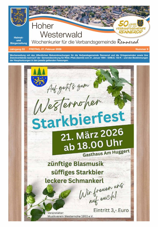 Hoher Westerwald - Wochenkurier für die Verbandsgemeinde Rennerod Titelblatt 09/2026