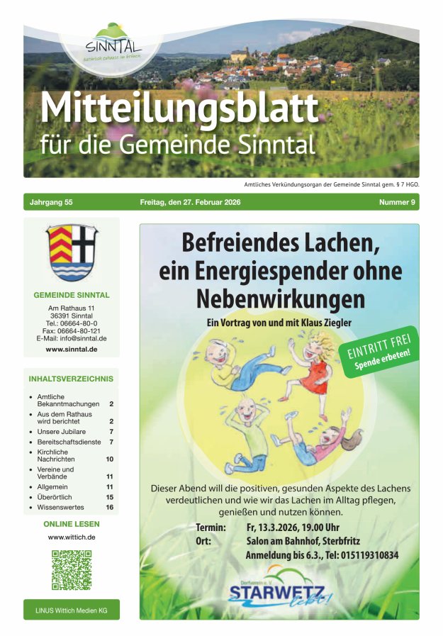 Mitteilungsblatt für die Gemeinde Sinntal Titelblatt 09/2026