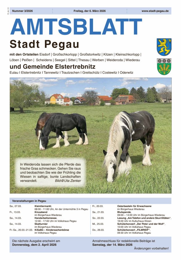 Amtsblatt Stadt Pegau und Gemeinde Elstertrebnitz  Titelblatt 03/2026