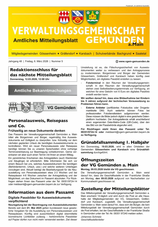 Mitteilungsblatt der VG Gemünden a Main Titelblatt 05/2026