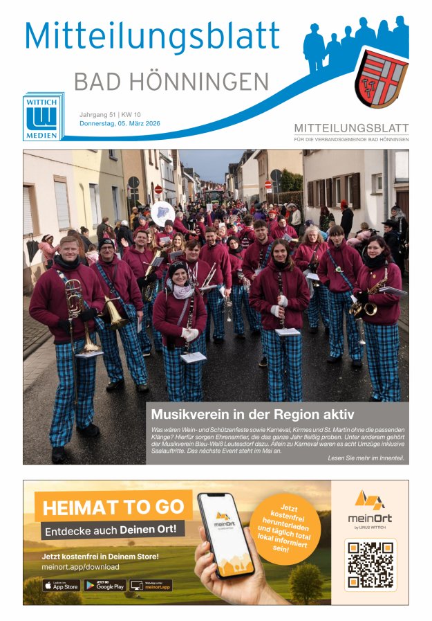 Mitteilungsblatt für den Bereich der Verbandsgemeinde Bad Hönningen Titelblatt 10/2026