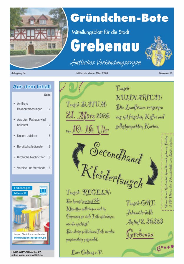 Grebenau - Gründchen Bote - Mitteilungsblatt für die Stadt Grebenau Titelblatt 10/2026
