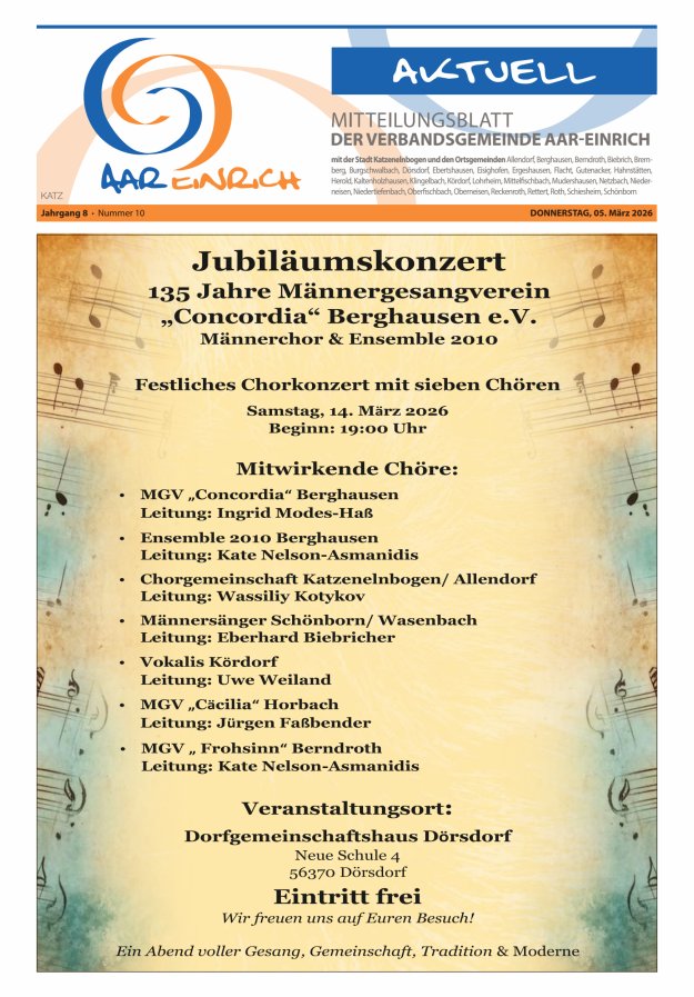 Mitteilungsblatt der Verbandsgemeinde Aar-Einrich Ausgabe Katzenelnbogen Titelblatt 09/2026