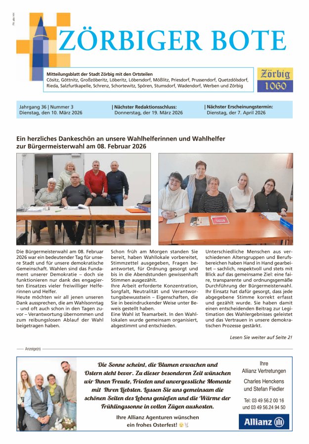 Zörbiger Bote – Mitteilungsblatt der Stadt Zörbig mit den Ortsteilen Titelblatt 03/2026