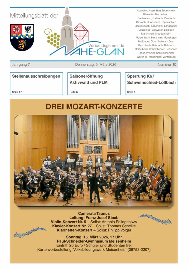Mitteilungsblatt für die Verbandsgemeinde Nahe-Glan Titelblatt 10/2026