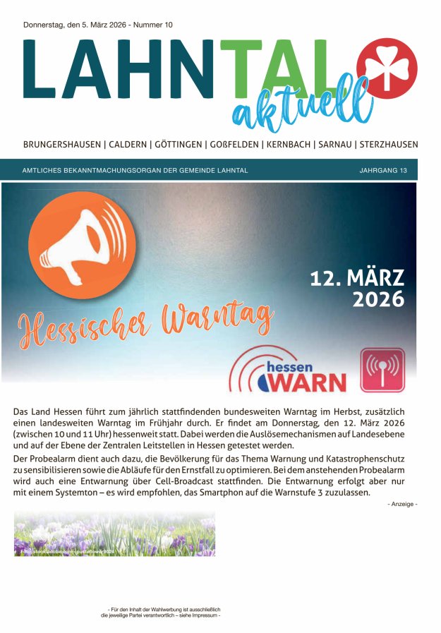Amtliches Bekanntmachungsorgan der Gemeinde Lahntal Titelblatt 10/2026