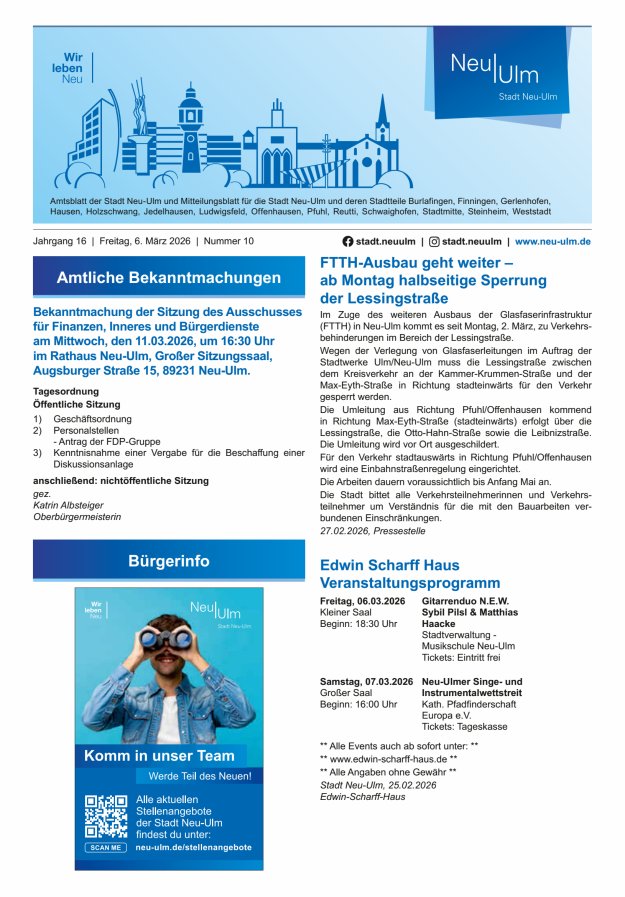 Amtsblatt der Stadt Neu-Ulm und Mitteilungsblatt für die Stadt Neu-Ulm Titelblatt 10/2026