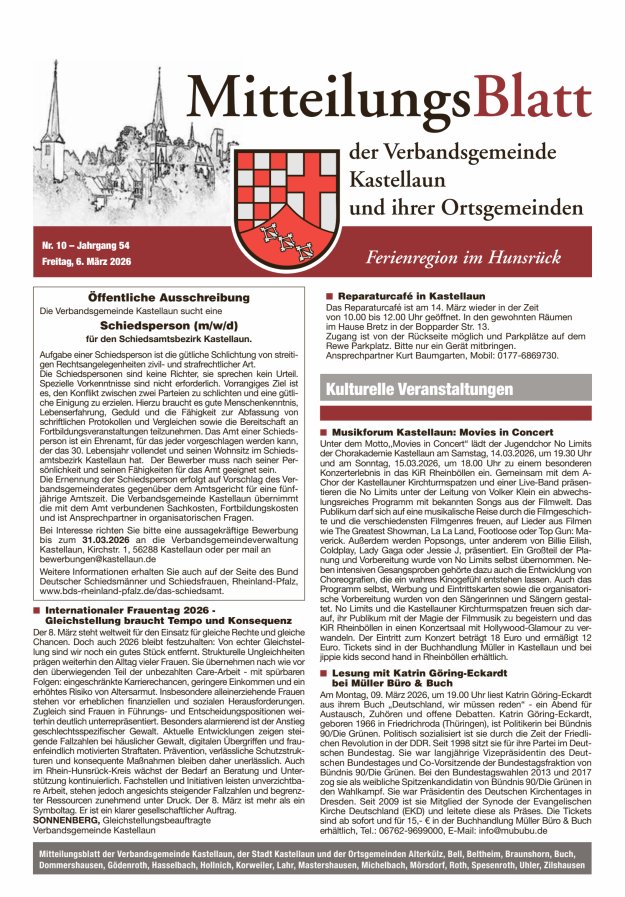 Mitteilungsblatt Kastellaun Titelblatt 10/2026